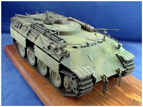 [The kit was painted with German yellow from Humbrol, underneath a very faded, randomly applied camouflage of Humbrol German green, and a final light blending over spray of the lighter yellow to tone down and tie all the colors together.]