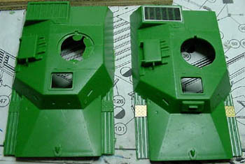 [The upper hull, out of the box (left) and after modifications (right).]